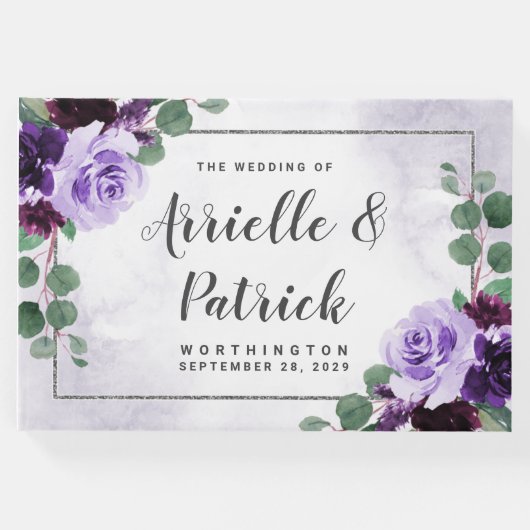 ボホエレガントエアリーフローラ紫とシルバー結婚ズ ゲストブック (正面)