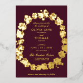 ボホエレガントオーキッドフローラリースブルゴーニュ結婚ーズ 箔招待状 (正面)