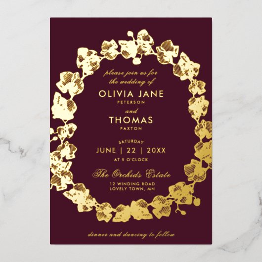 ボホエレガントオーキッドフローラリースブルゴーニュ結婚ーズ 箔招待状 (正面)