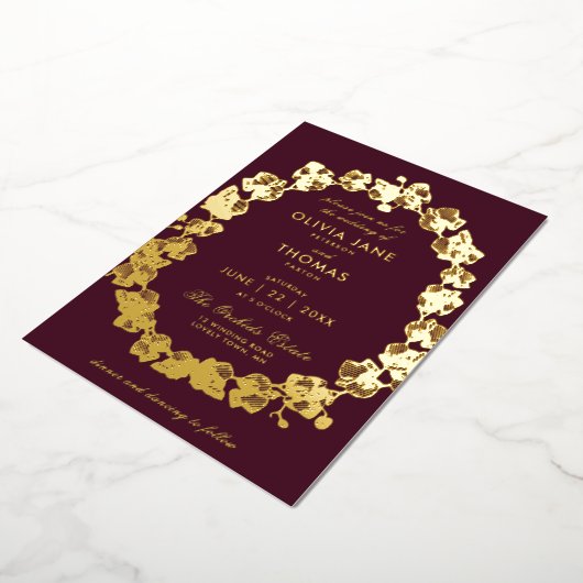 ボホエレガントオーキッドフローラリースブルゴーニュ結婚ーズ 箔招待状 (回転した状態)