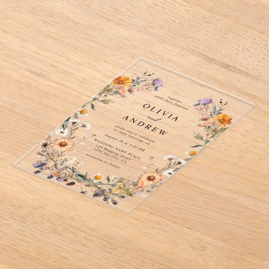 ボホエレガントカントリーワイルドフラワーズ結婚ボタニカル アクリル招待状 (レイダウン)