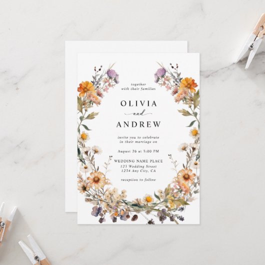 ボホエレガントカントリーワイルドフラワーズ結婚ボタニカル 招待状 (正面/裏面インサイチュ)