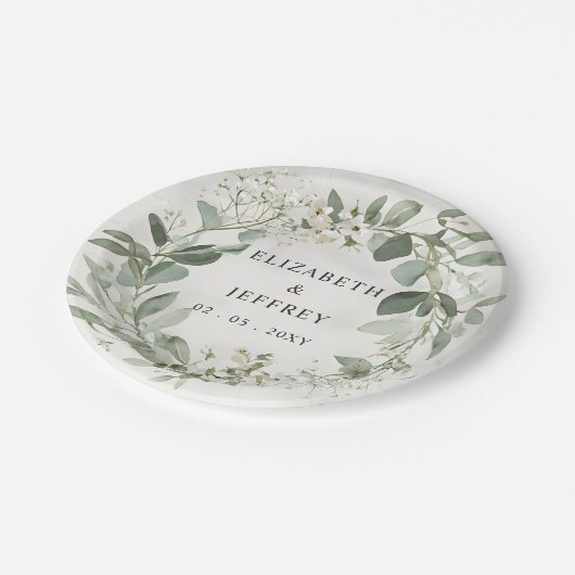 ボホエレガントグリーンリーユーカリ結婚ス ペーパープレート (アングル)