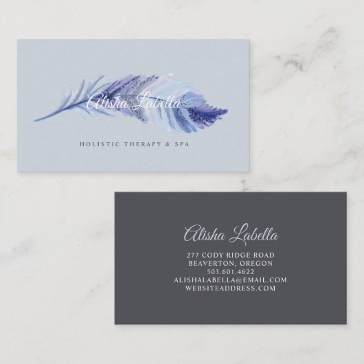 ボホエレガントグレイ&ダスティブルーウォーターカラーフェザー 名刺 (正面/裏面)