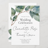 ボホエレガントシックな水彩緑の植物色 招待状 (正面/裏面)