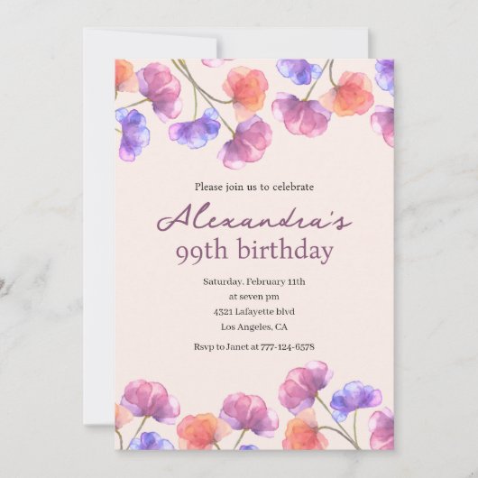 ボホエレガントシックウォーターカラーフローラ99歳 招待状 (正面)
