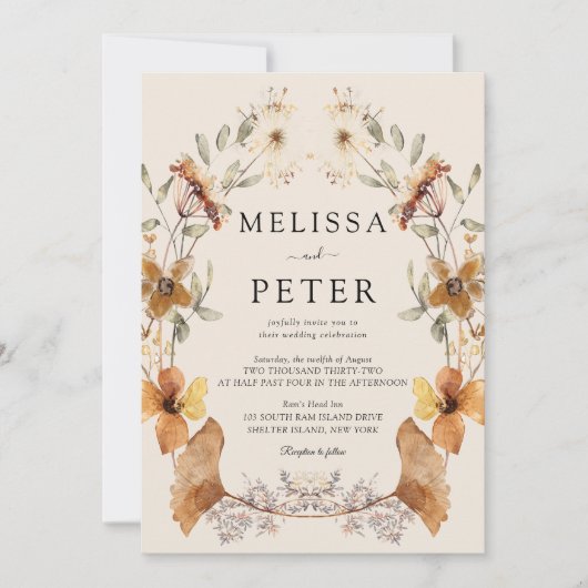 ボホエレガントテラコッタフローラワイルドフラワー結婚ズ 招待状 (正面)