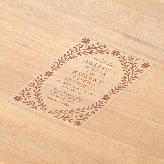 ボホエレガントテラコッタフローラ結婚ズ アクリル招待状 (レイダウン)