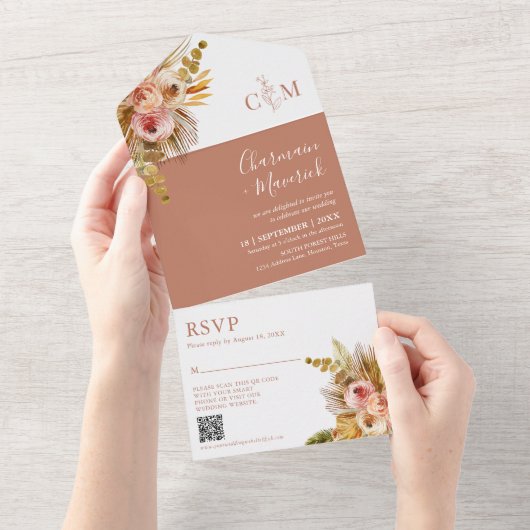 ボホエレガントテラコッタモノグラムQRコード結婚ズ オールインワン招待状 (貼ってはがせる)