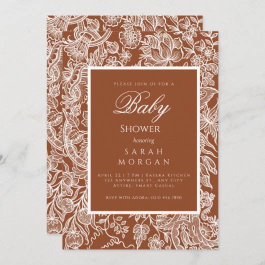 ボホエレガントテラコッタラインアートワイルドフラワー 招待状 (正面/裏面)