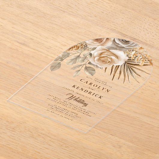 ボホエレガントニュートラルフローラアクセント結婚アーチ アクリル招待状 (レイダウン)