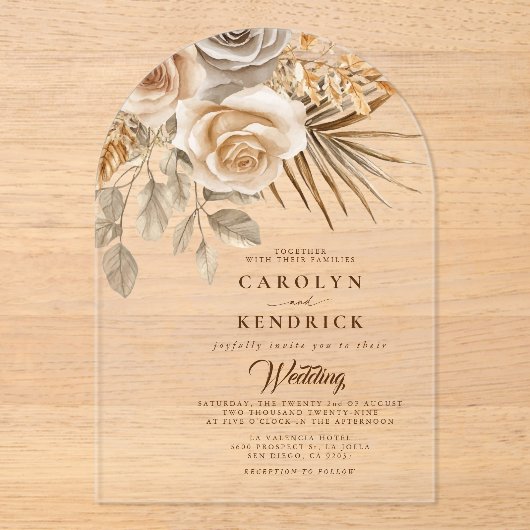 ボホエレガントニュートラルフローラアクセント結婚アーチ アクリル招待状 (正面)