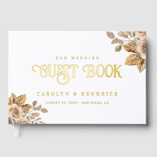 ボホエレガントニュートラルフローラアクセント結婚ズ金ゴールド ゲストブック (正面)