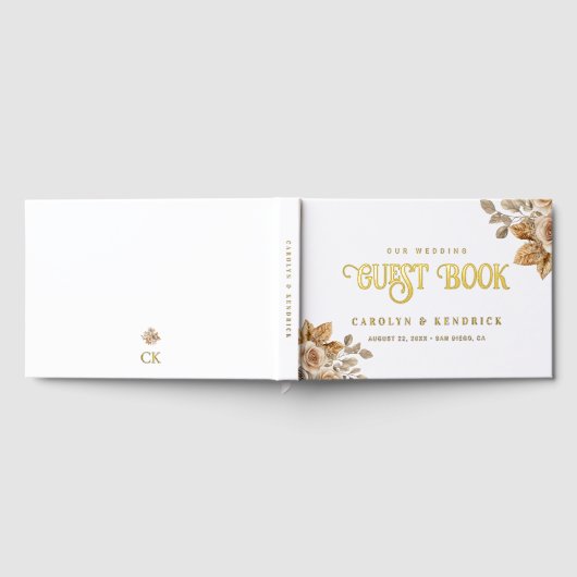 ボホエレガントニュートラルフローラアクセント結婚ズ金ゴールド ゲストブック (全面)