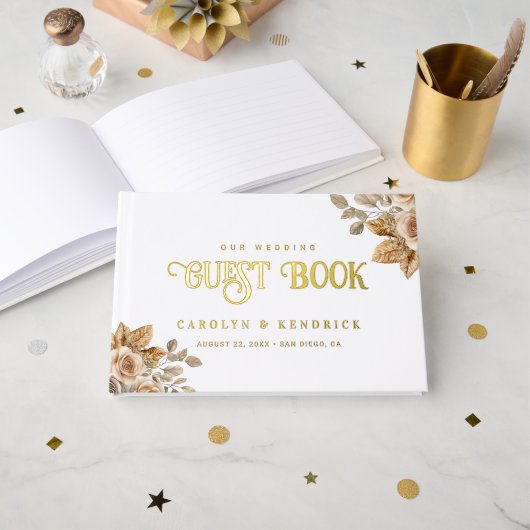 ボホエレガントニュートラルフローラアクセント結婚ズ金ゴールド ゲストブック (正面見開き)