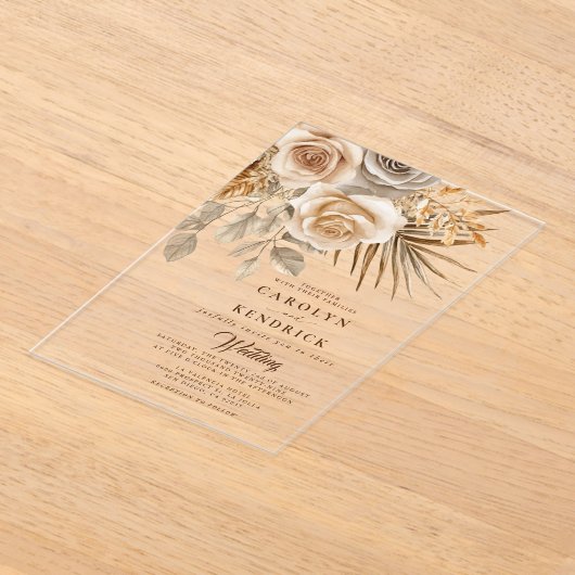 ボホエレガントニュートラルフローラアクセント結婚ズ アクリル招待状 (レイダウン)