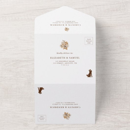 ボホエレガントニュートラルフローラアクセント結婚ズ オールインワン招待状 (外側)