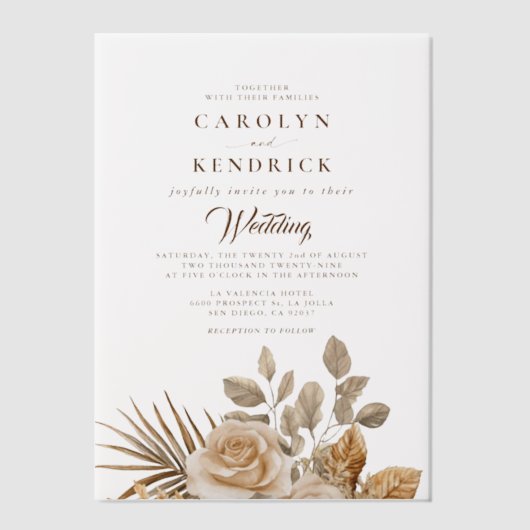 ボホエレガントニュートラルフローラアクセント結婚ズ ベラム紙招待状 (正面)