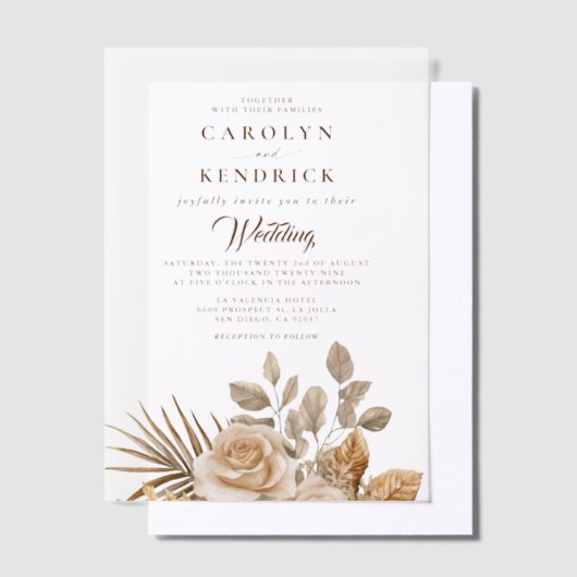 ボホエレガントニュートラルフローラアクセント結婚ズ ベラム紙招待状 (オフセット)
