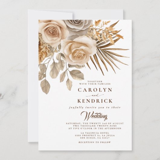 ボホエレガントニュートラルフローラアクセント結婚ズ 招待状 (正面)