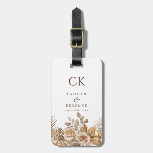 ボホエレガントニュートラルフローラモノグラム結婚ズ ラゲッジタグ (正面縦)