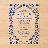 ボホエレガントネイビーフローラ結婚ズ アクリル招待状 (正面)