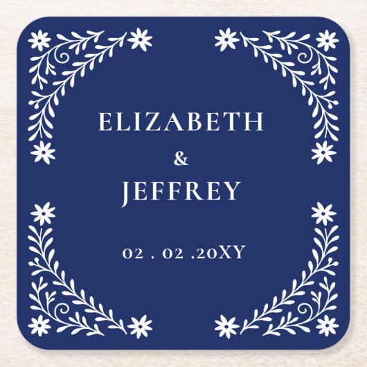 ボホエレガントネイビーフローラ結婚ズ スクエアペーパーコースター (正面)