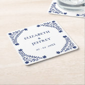 ボホエレガントネイビーフローラ結婚ズ スクエアペーパーコースター (アングル)