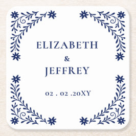 ボホエレガントネイビーフローラ結婚ズ スクエアペーパーコースター