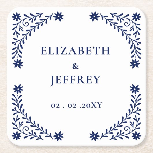 ボホエレガントネイビーフローラ結婚ズ スクエアペーパーコースター (正面)