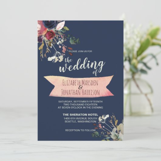 ボホエレガントネイビーブルーブルゴーニュフローラ結婚ズ 招待状 (スタンド正面)