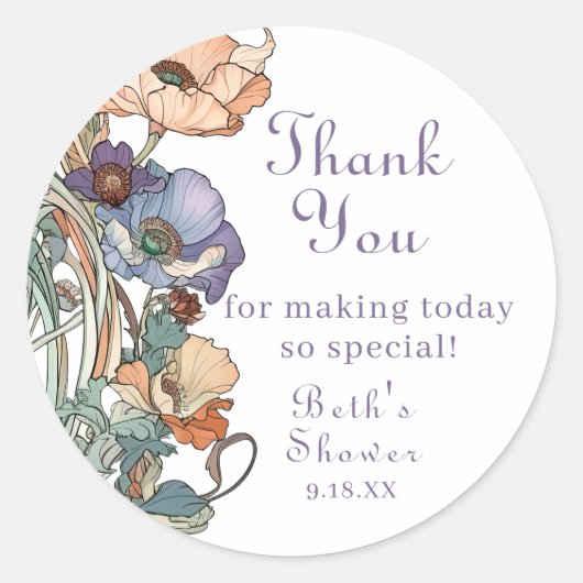 ボホエレガントパープルとピーチポピーありがとう ラウンドシール (正面)