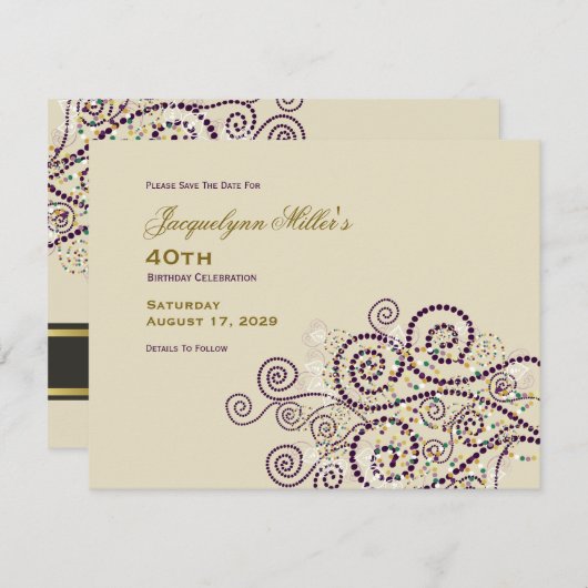 ボホエレガントパープルらせん状民族大人誕生日 セーブザデート (正面/裏面)