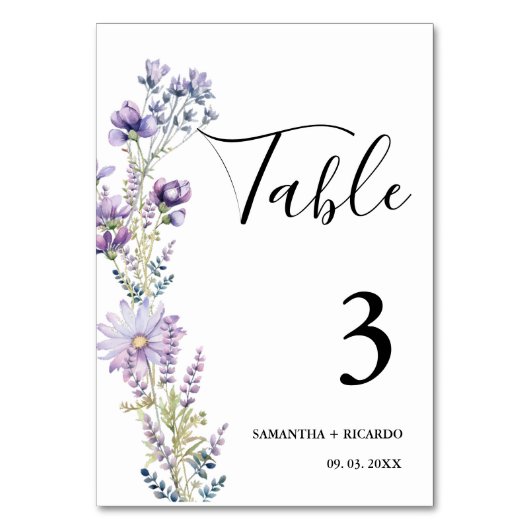 ボホエレガントパープルワイルドフラワー結婚ズ テーブルナンバー (正面)