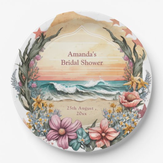 ボホエレガントビーチフラワーリースモノグラム結婚ズ ペーパープレート (正面)