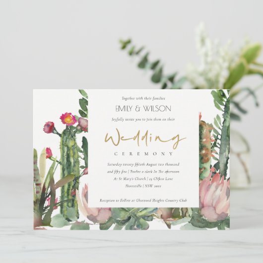 ボホエレガントピンクのフローラサボテンの結婚葉 招待状 (スタンド正面)