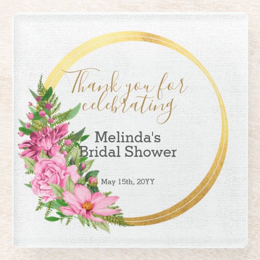 ボホエレガントピンクフローラブライダルシャワーのお願い ガラスコースター (正面)