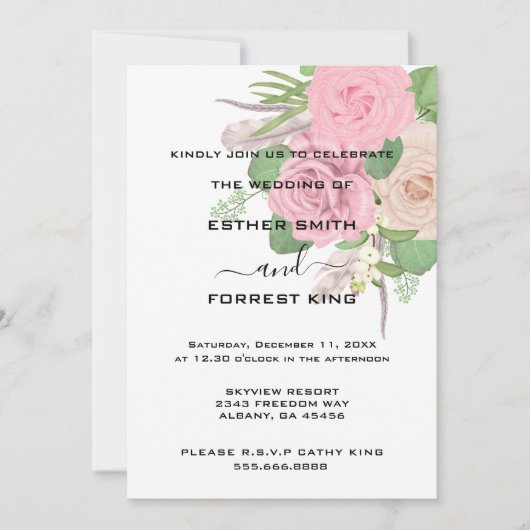 ボホエレガントピンクホワイトフローラブーケ結婚ス 招待状 (正面)