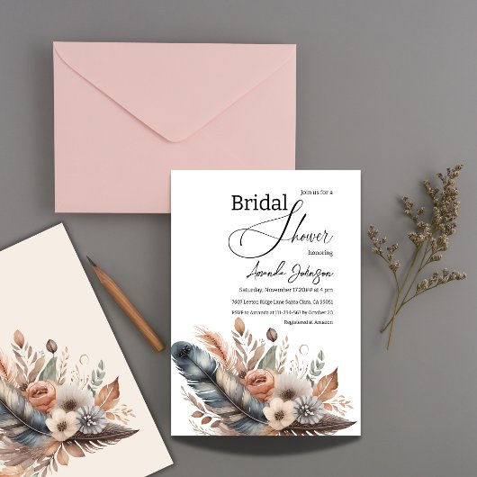 ボホエレガントフェザーフローラブライダルシャワー 招待状