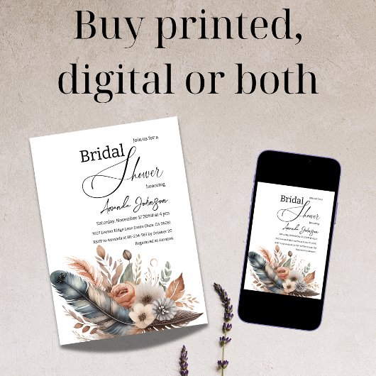 ボホエレガントフェザーフローラブライダルシャワー 招待状