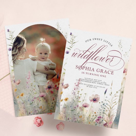 ボホエレガントフォトワイルドフラワー1歳 招待状