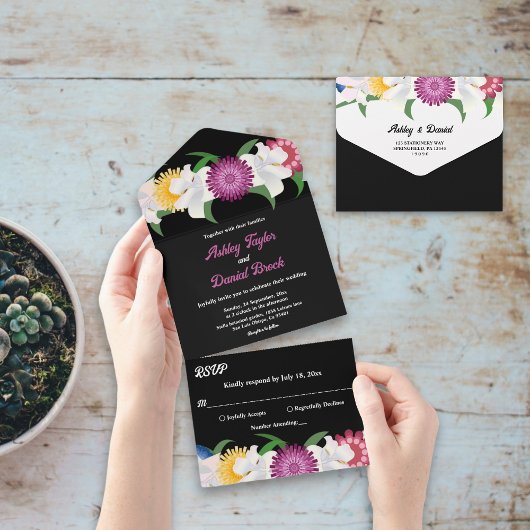 ボホエレガントフカラフルフラワーブラックフローラ結婚ズ オールインワン招待状