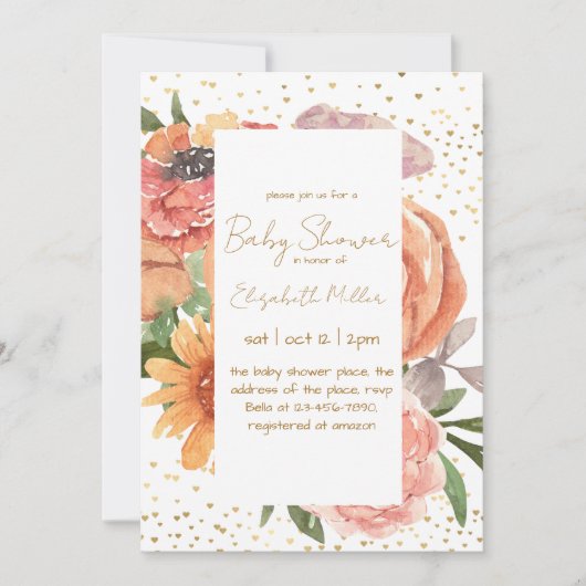 ボホエレガントフラワーベビーイン開花ベビーシャワー 招待状 (正面)