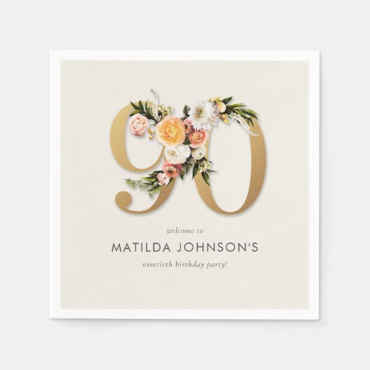 ボホエレガントフローラゴールドフォイル90誕生日 スタンダードカクテルナプキン (正面)