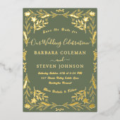 ボホエレガントフローラセージ緑タイポグラフィ結婚ズ 箔招待状 (正面)