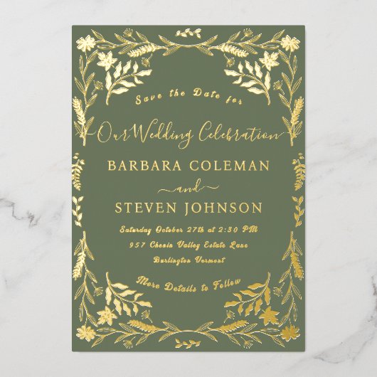 ボホエレガントフローラセージ緑タイポグラフィ結婚ズ 箔招待状 (正面)