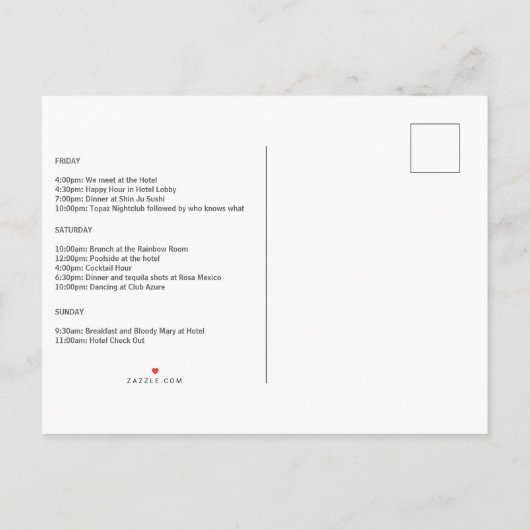 ボホエレガントフローラバチェロレッテ週末の日程 インビテーションポストカード (裏面)