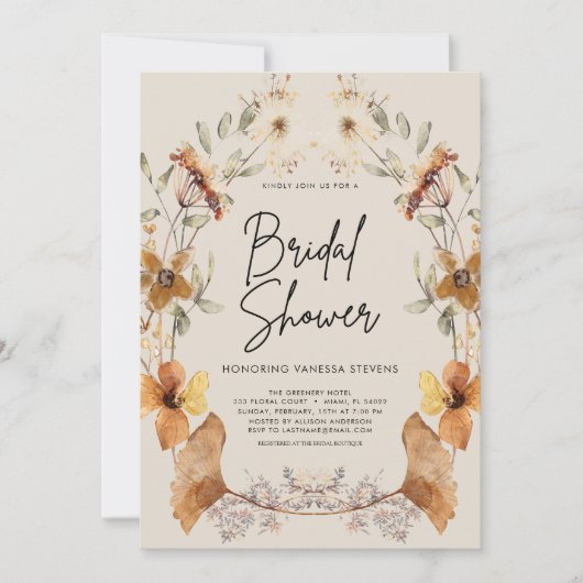 ボホエレガントフローラワイルドフラワーブライダルシャワー 招待状 (正面)