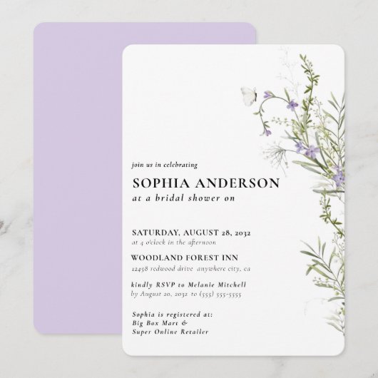 ボホエレガントフローラワイルドフラワーブライダルシャワー 招待状 (正面/裏面)