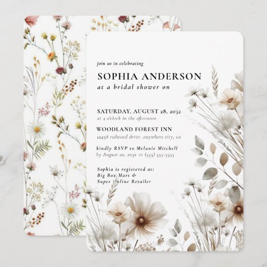 ボホエレガントフローラワイルドフラワーブライダルシャワー 招待状 (正面/裏面)